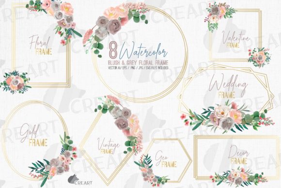 Blush and Grey Flowers with Gold Frames Graphics